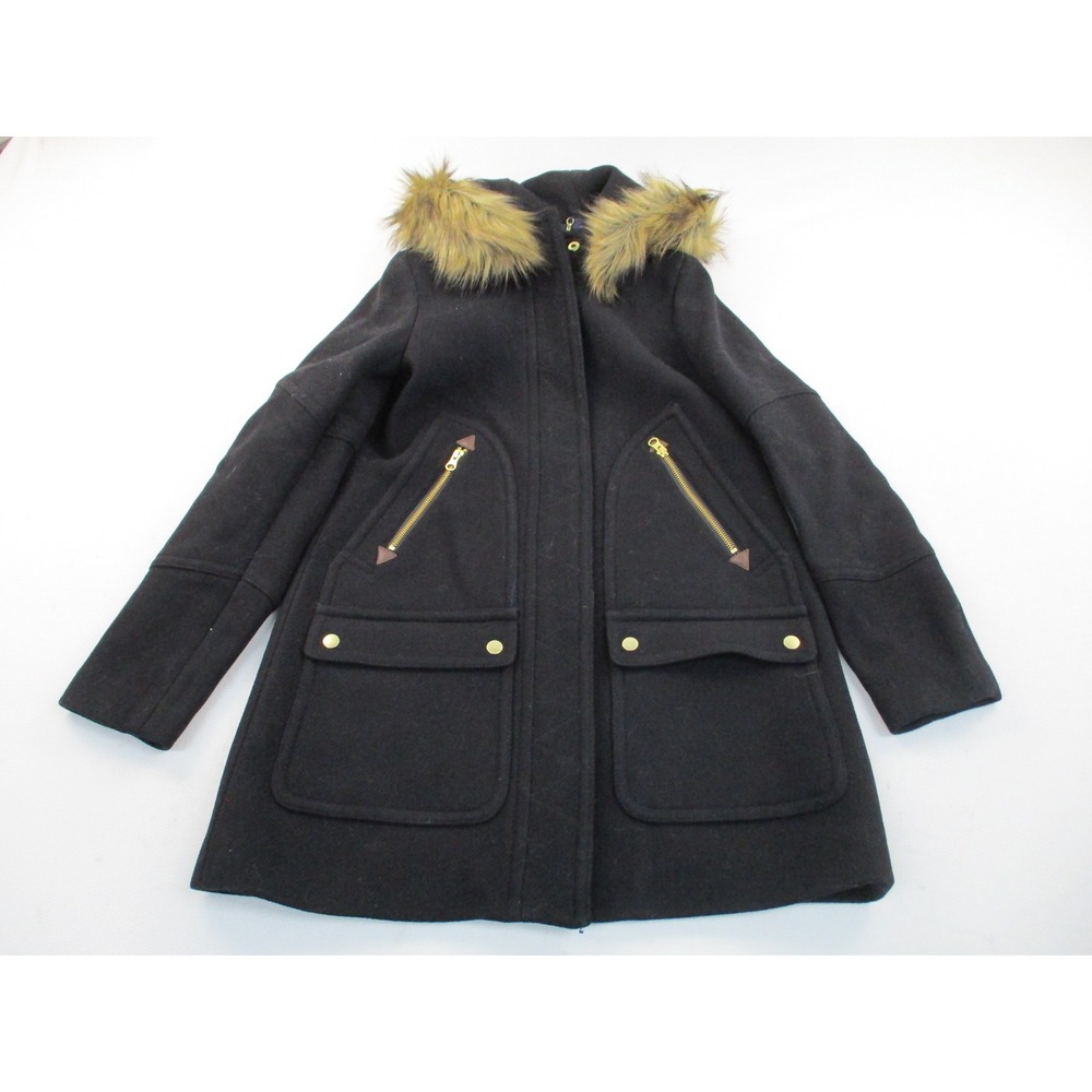 J CREW Stadium Cloth Nello Gori Black Fuscia Faux Fur Hood Women's Coat Size 0